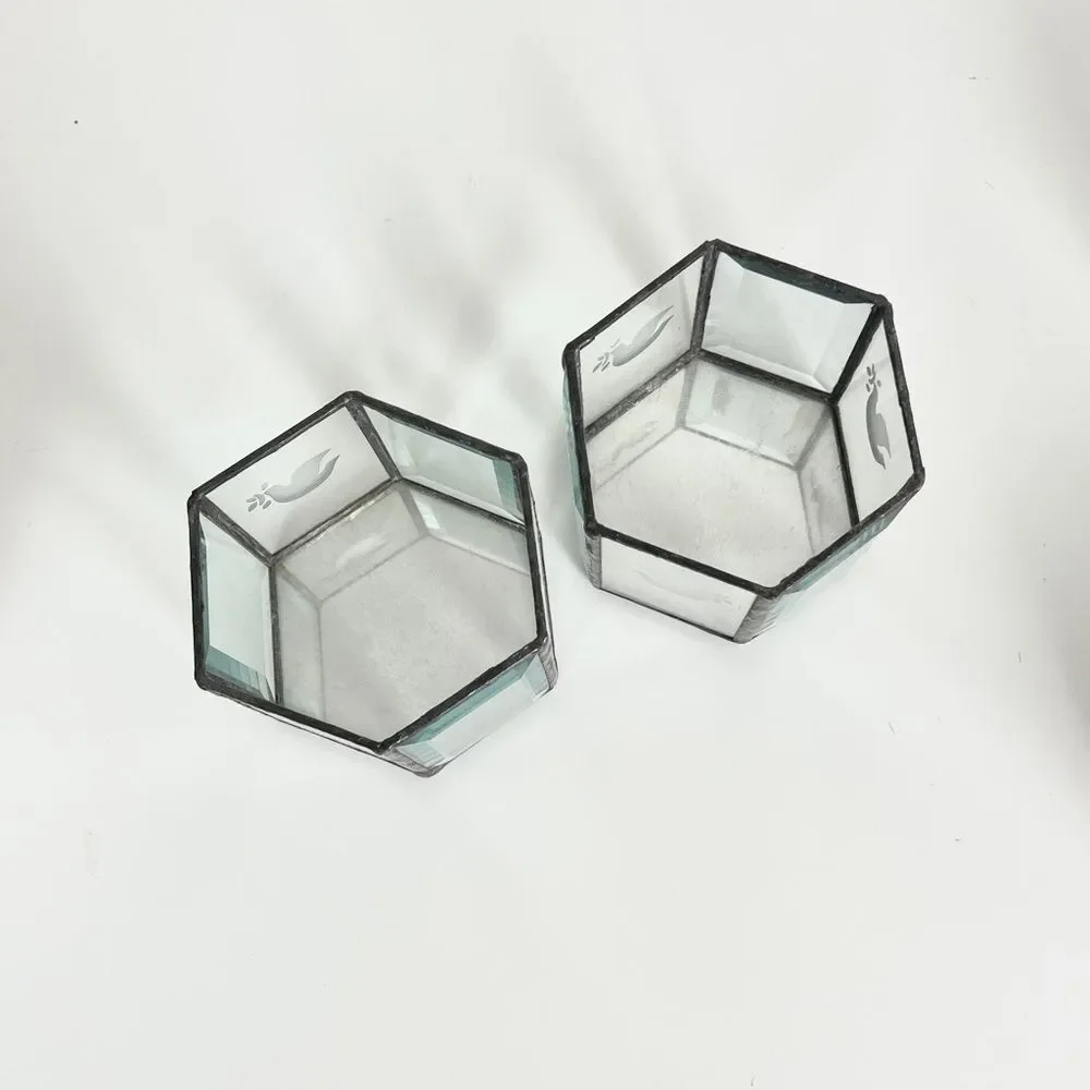 Vintage Set Lead Glass Hexagonal Candle Holders with Dove Design
